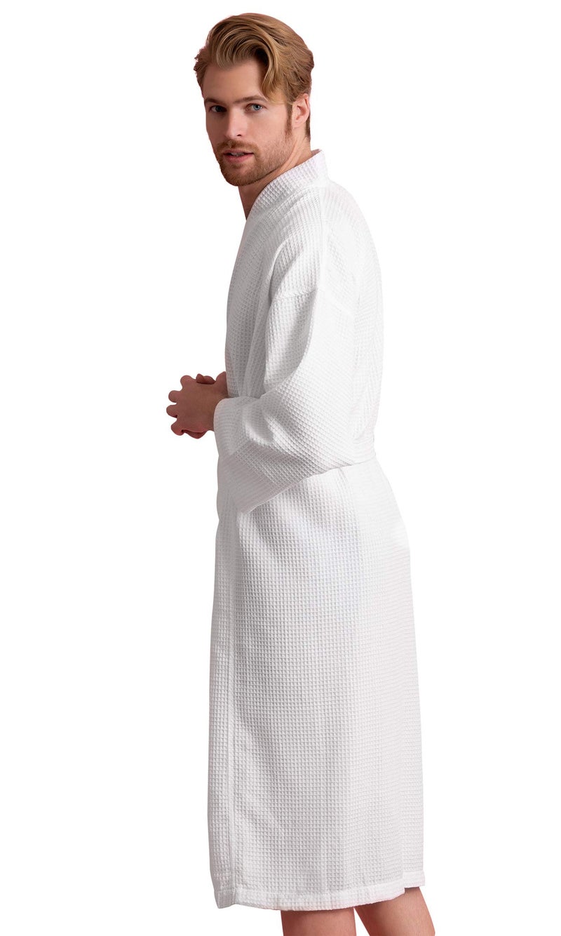 Soft Touch Linen Men's Cotton Waffle Bathrobe, Luxurious & Lightweight, Comfortable & Absorbent, Softness, Fast Dry, Adjustable wrap belt, Front 2 Pockets, Cozy Wear, (White, Large) - Image 3